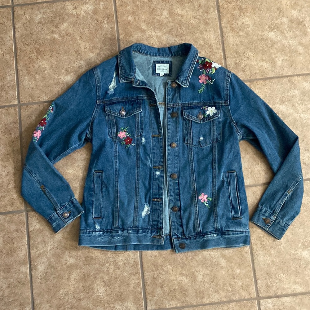 Wax Jean Jacket - Medium Denim Jacket with embroidered flowers